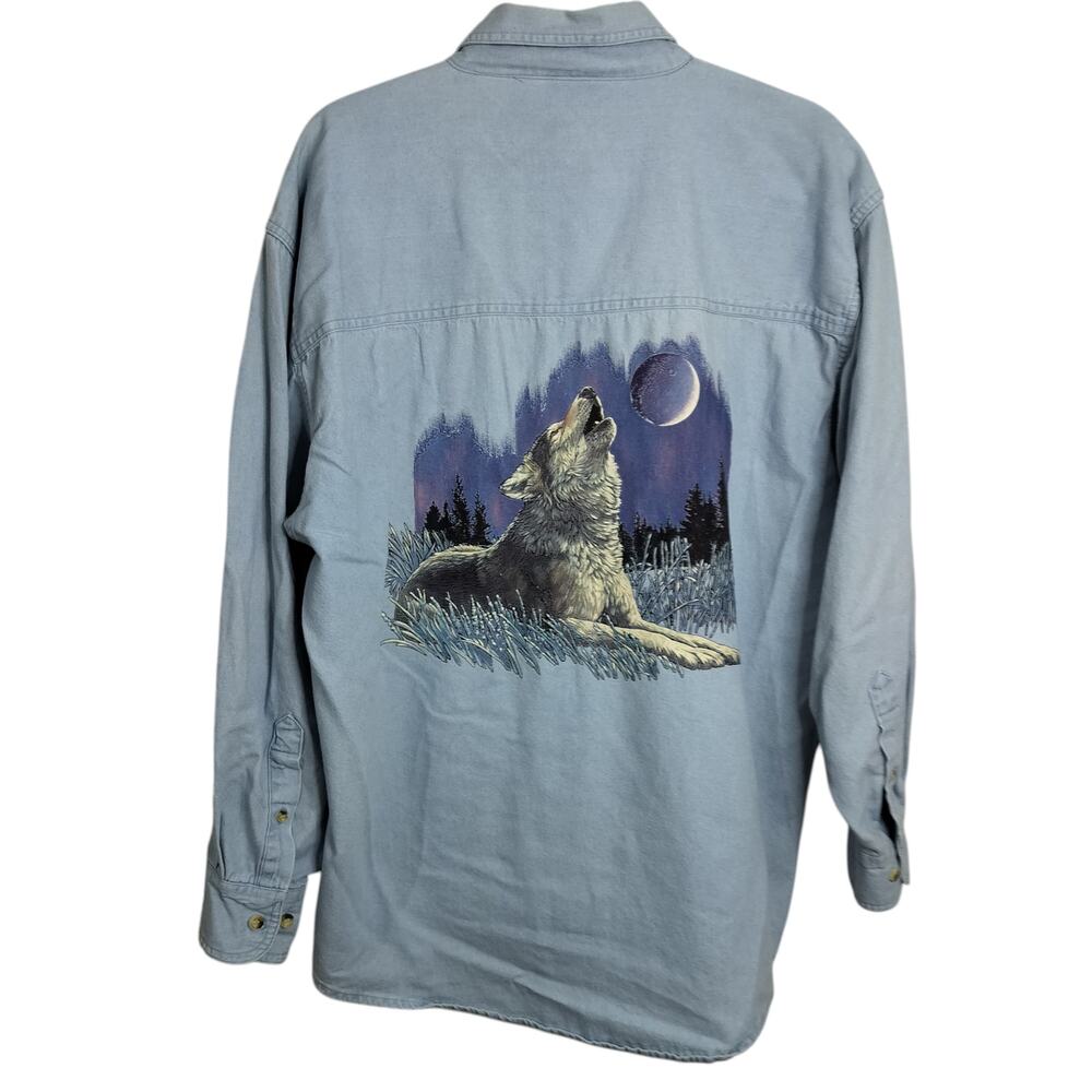 4925) Vintage Faded Gear Button Down Long Sleeve Light Blue Wolf Denim Shirt M